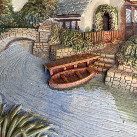Vintage Wall Plate 3D Chalkware House W Boat By Legend Products England 8"x8" - Picture 3 of 7